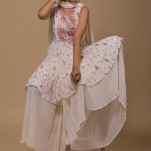 Cream Threadwork Georgette Readymade Sharara Suit