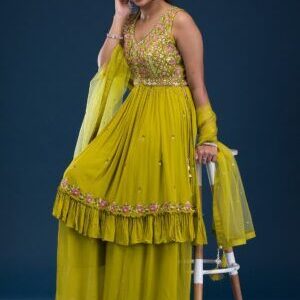 Parrot Green Mirrorwork Georgette Readymade Salwar Suit