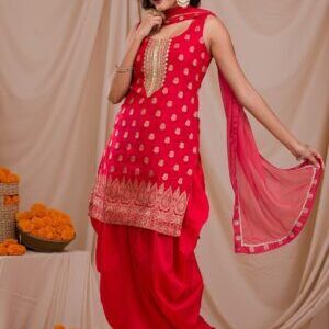 Red Zariwork Banarasi Readymade Salwar Suit