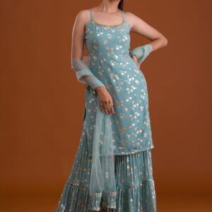 Sea Green Print Georgette Designer Sharara Suit