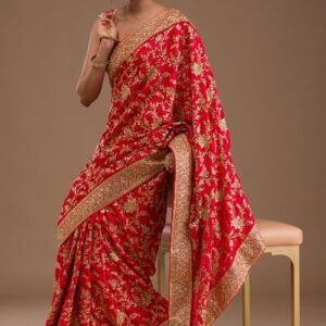 Red Swarovski Semi Crepe Designer Saree